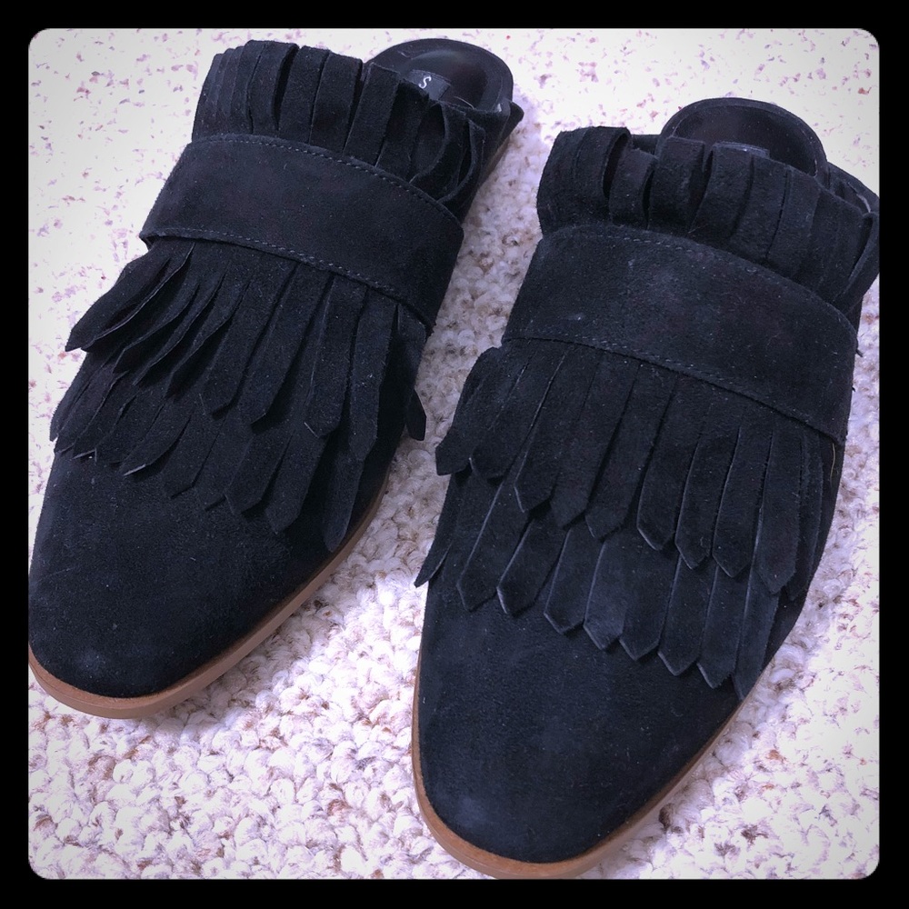 Steven black suede fringe slides